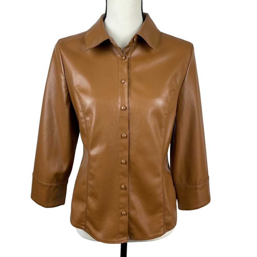 T Tahari Women's Shirt Jacket Small Brown Faux Leather Button Front 3/4 Sleeve